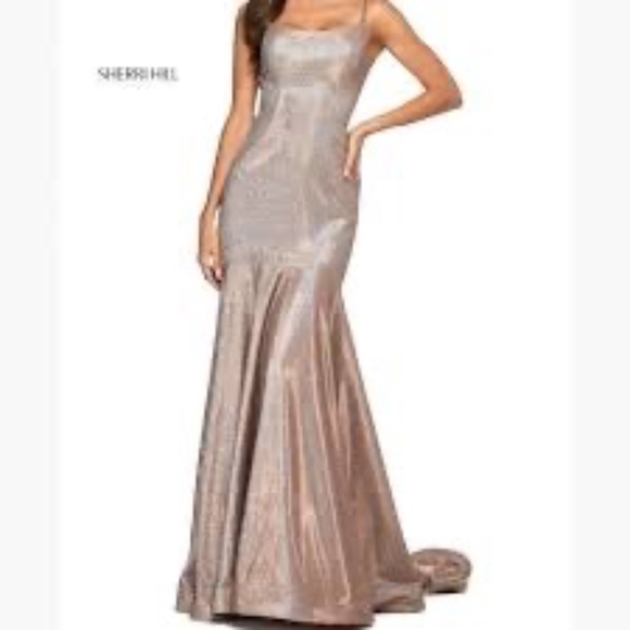 A-line Gown by Blush Prom Spagetti Strap, in Metallic blush, Size 0 - Picture 1 of 9